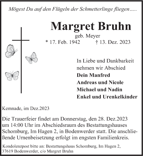 Traueranzeige von Margret Bruhn von Deister- und Weserzeitung