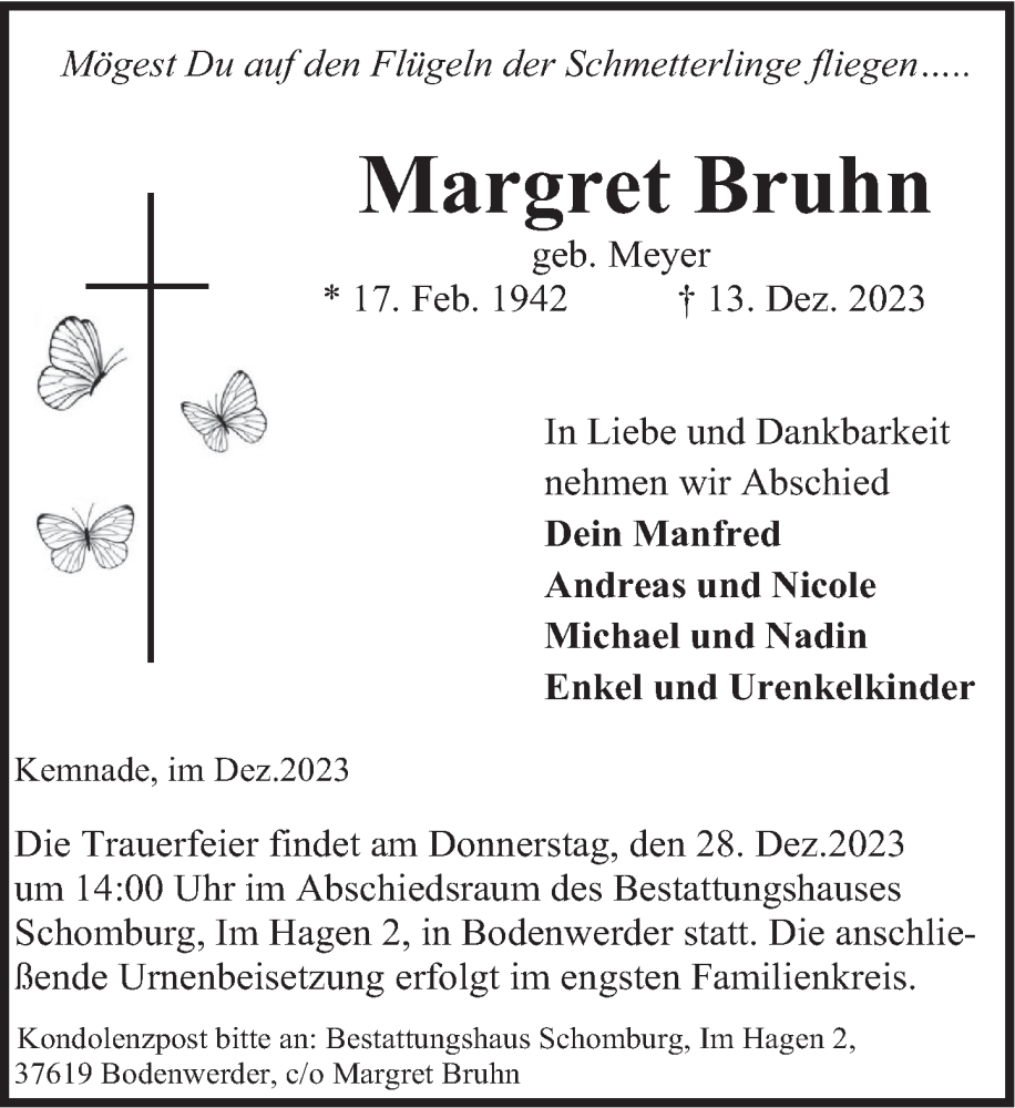  Traueranzeige für Margret Bruhn vom 22.12.2023 aus Deister- und Weserzeitung