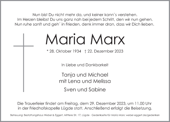 Traueranzeige von Maria Marx von Deister- und Weserzeitung