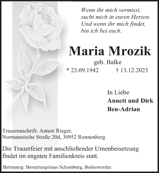 Traueranzeige von Maria Mrozik von Deister- und Weserzeitung