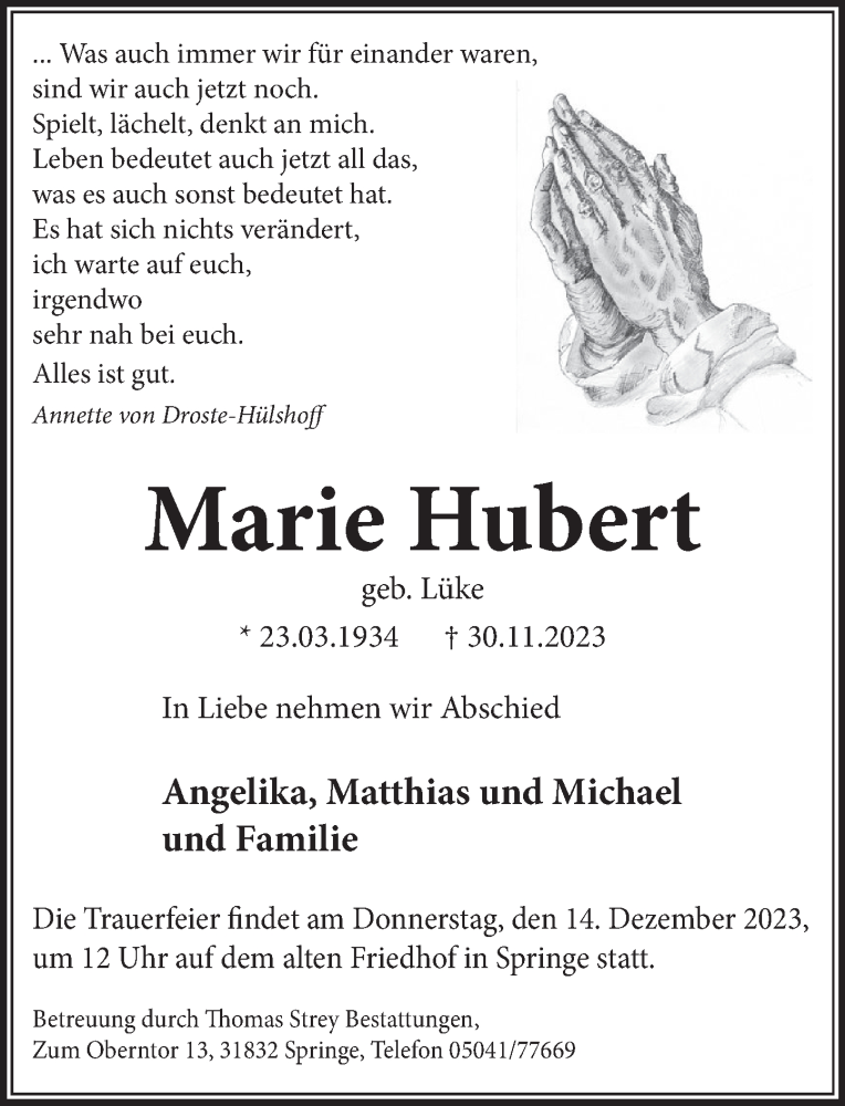  Traueranzeige für Marie Hubert vom 09.12.2023 aus Neue Deister-Zeitung