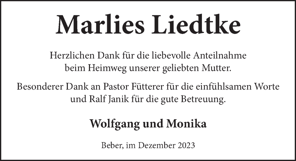  Traueranzeige für Marlies Liedtke vom 30.12.2023 aus Neue Deister-Zeitung