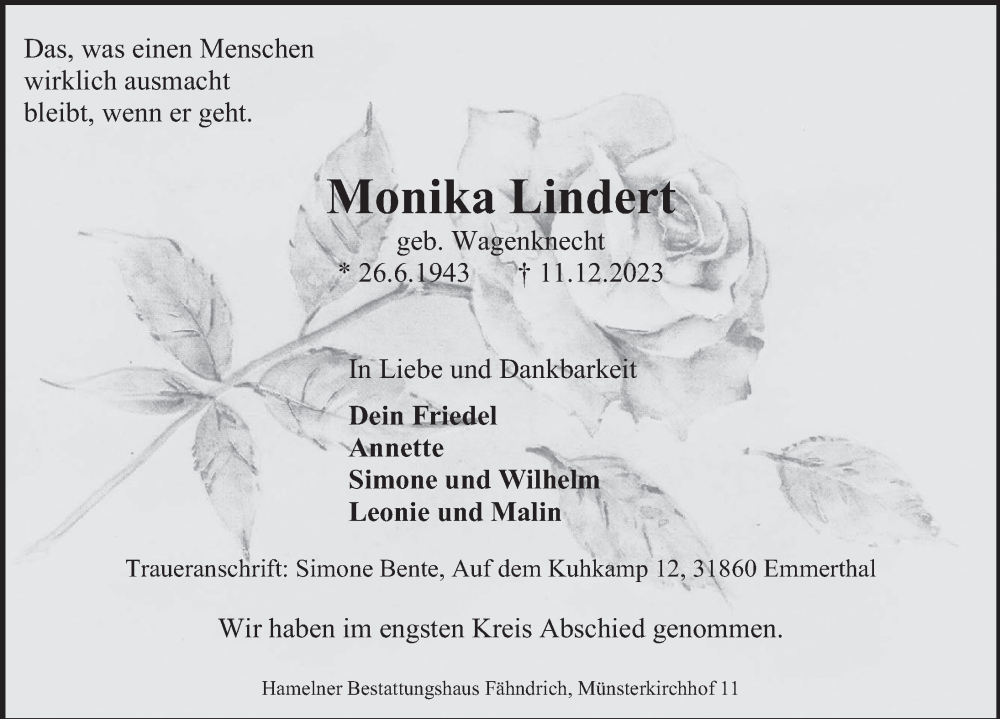 Traueranzeige für Monika Lindert vom 23.12.2023 aus Deister- und Weserzeitung