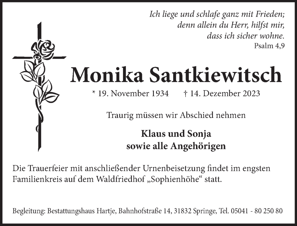  Traueranzeige für Monika Santkiewitsch vom 22.12.2023 aus Neue Deister-Zeitung