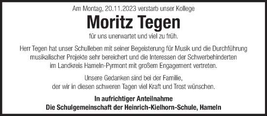 Traueranzeige von Moritz Tegen von Deister- und Weserzeitung