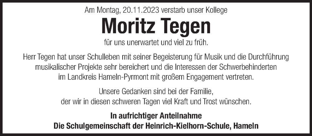  Traueranzeige für Moritz Tegen vom 04.12.2023 aus Deister- und Weserzeitung