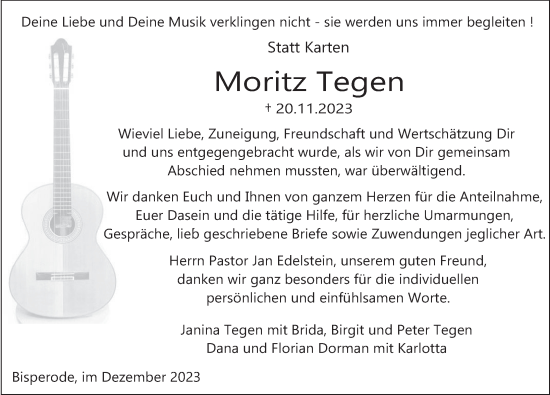 Traueranzeige von Moritz Tegen von Deister- und Weserzeitung