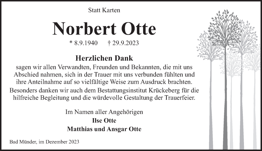  Traueranzeige für Norbert Otte vom 09.12.2023 aus Neue Deister-Zeitung