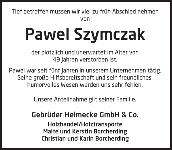 Traueranzeige von Pawel Szymczak von Deister- und Weserzeitung