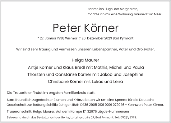 Traueranzeige von Peter Körner von Deister- und Weserzeitung