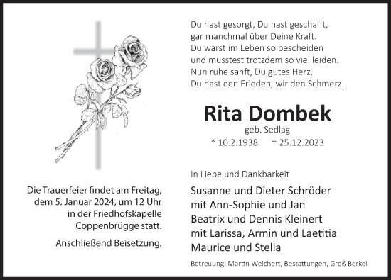Traueranzeige von Rita Dombek von Deister- und Weserzeitung