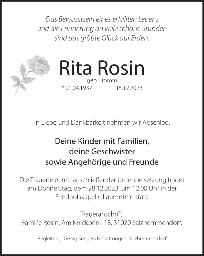  Traueranzeige für Rita Rosin vom 23.12.2023 aus Deister- und Weserzeitung