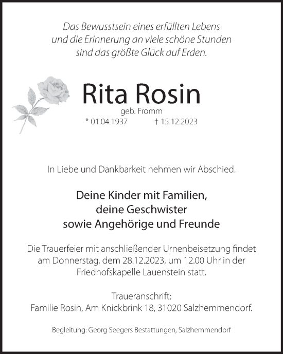 Traueranzeige von Rita Rosin von Deister- und Weserzeitung