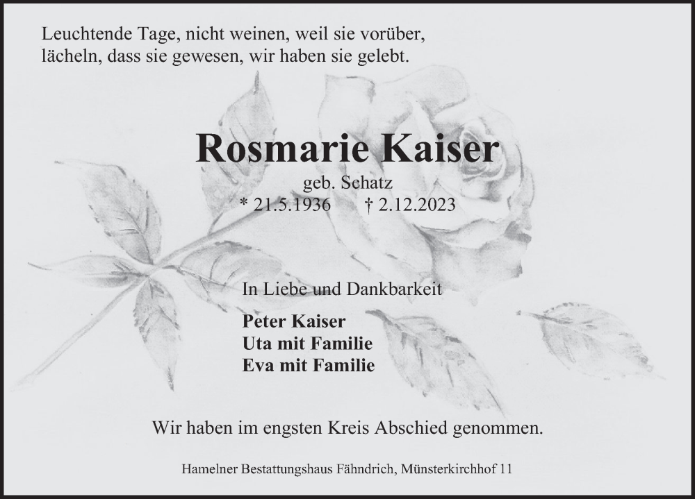  Traueranzeige für Rosmarie Kaiser vom 16.12.2023 aus Deister- und Weserzeitung