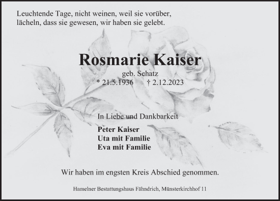 Traueranzeige von Rosmarie Kaiser von Deister- und Weserzeitung