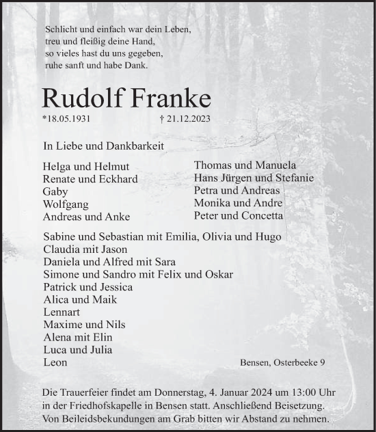 Traueranzeige von Rudolf Franke von Deister- und Weserzeitung