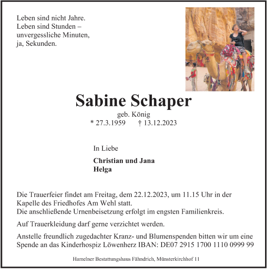 Traueranzeige von Sabine Schaper von Deister- und Weserzeitung