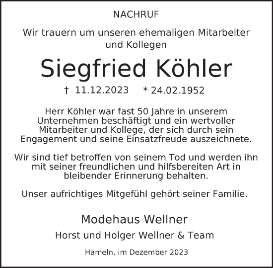 Traueranzeige von Siegfried Köhler von Deister- und Weserzeitung