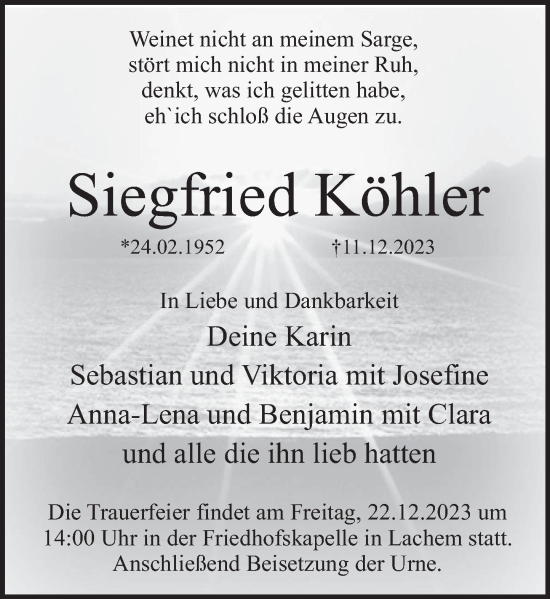 Traueranzeige von Siegfried Köhler von Deister- und Weserzeitung