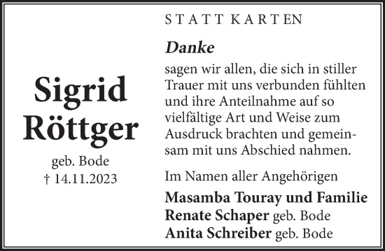 Traueranzeige von Sigrid Röttger von Neue Deister-Zeitung