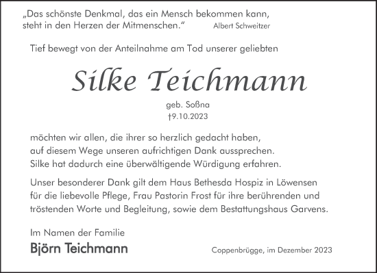 Traueranzeige von Silke Teichmann von Deister- und Weserzeitung