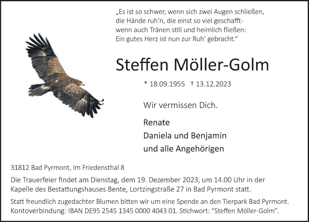  Traueranzeige für Steffen Möller-Golm vom 16.12.2023 aus Deister- und Weserzeitung