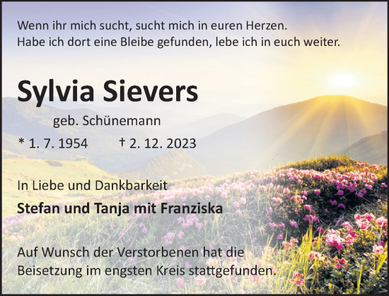 Traueranzeige von Sylvia Sievers von Deister- und Weserzeitung
