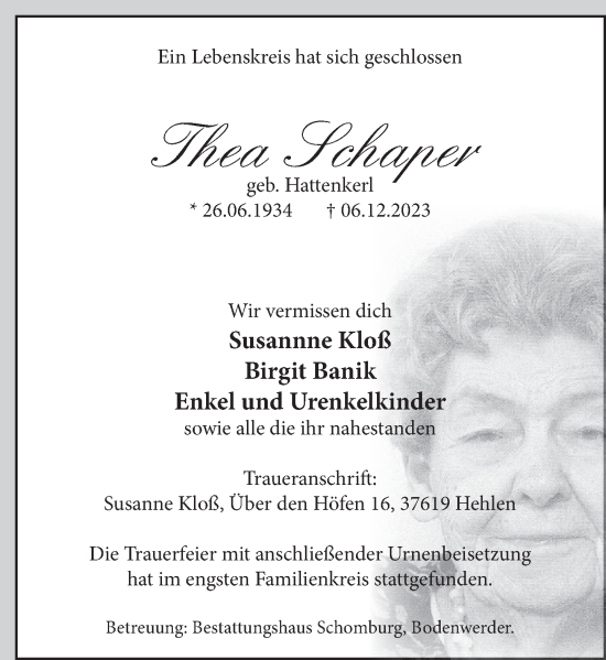 Traueranzeige von Thea Schaper von Deister- und Weserzeitung