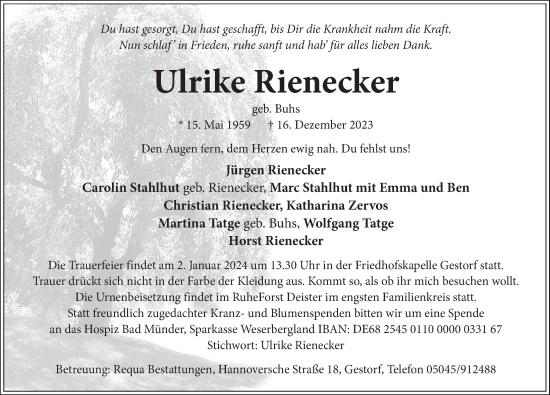 Traueranzeige von Ulrike Rienecker von Neue Deister-Zeitung