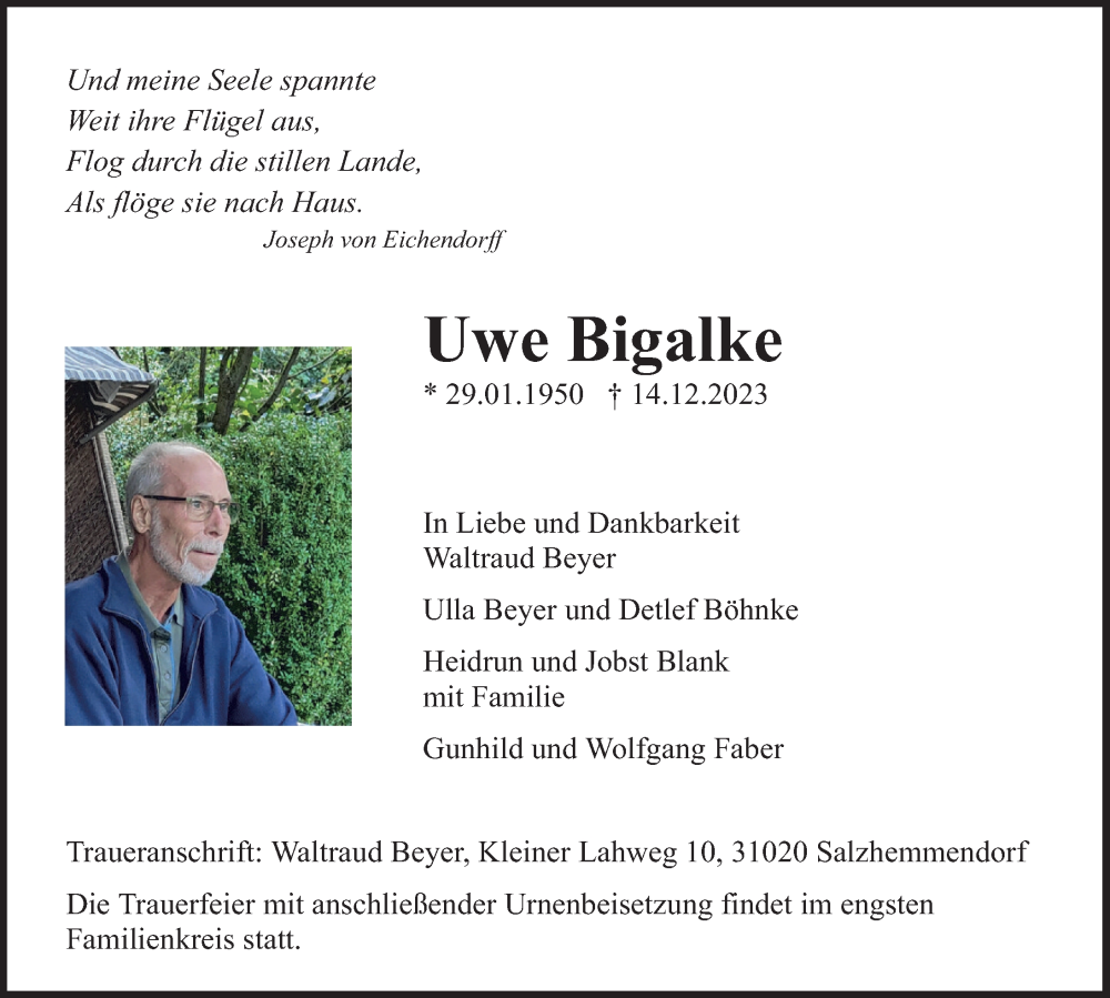  Traueranzeige für Uwe Bigalke vom 22.12.2023 aus Deister- und Weserzeitung