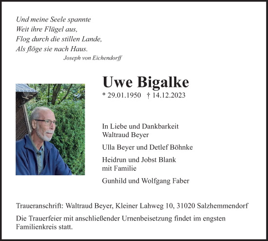 Traueranzeige von Uwe Bigalke von Deister- und Weserzeitung