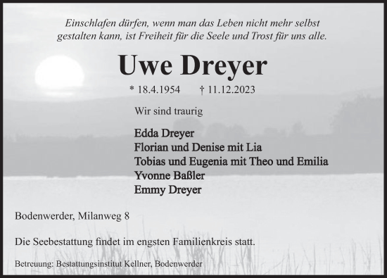 Traueranzeige von Uwe Dreyer von Deister- und Weserzeitung