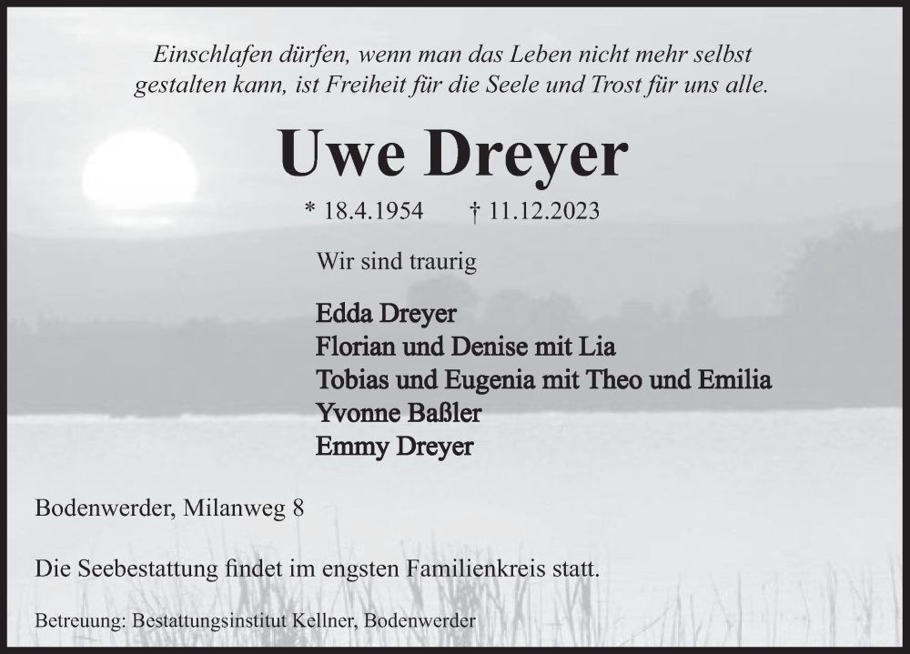  Traueranzeige für Uwe Dreyer vom 16.12.2023 aus Deister- und Weserzeitung