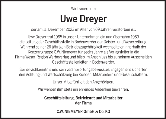 Traueranzeige von Uwe Dreyer von Deister- und Weserzeitung