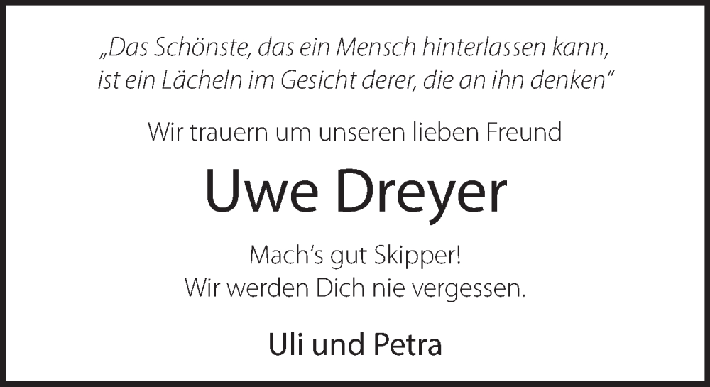  Traueranzeige für Uwe Dreyer vom 16.12.2023 aus Deister- und Weserzeitung