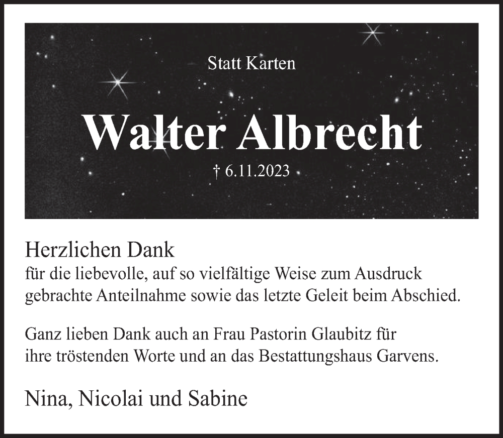  Traueranzeige für Walter Albrecht vom 09.12.2023 aus Deister- und Weserzeitung