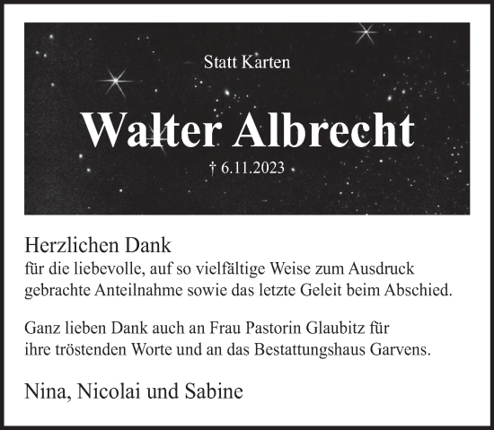 Traueranzeige von Walter Albrecht von Deister- und Weserzeitung