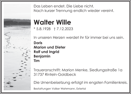 Traueranzeige von Walter Wille von Deister- und Weserzeitung