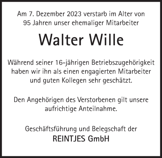 Traueranzeige von Walter Wille von Deister- und Weserzeitung