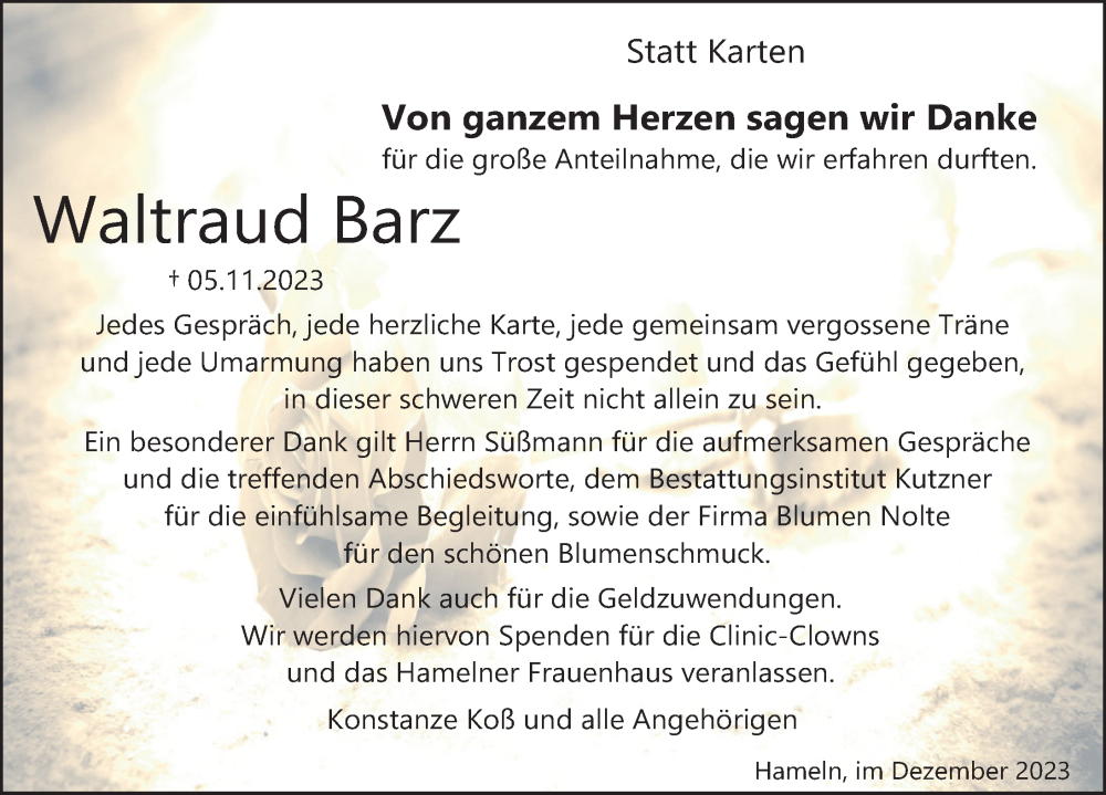  Traueranzeige für Waltraud Barz vom 09.12.2023 aus Deister- und Weserzeitung