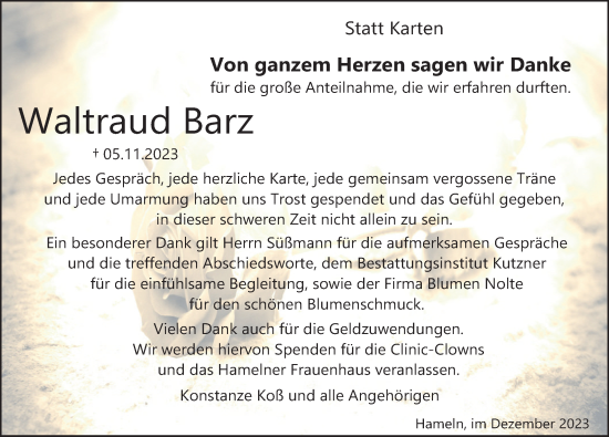 Traueranzeige von Waltraud Barz von Deister- und Weserzeitung