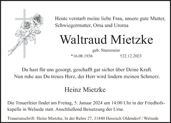 Traueranzeige von Waltraud Mietzke von Deister- und Weserzeitung