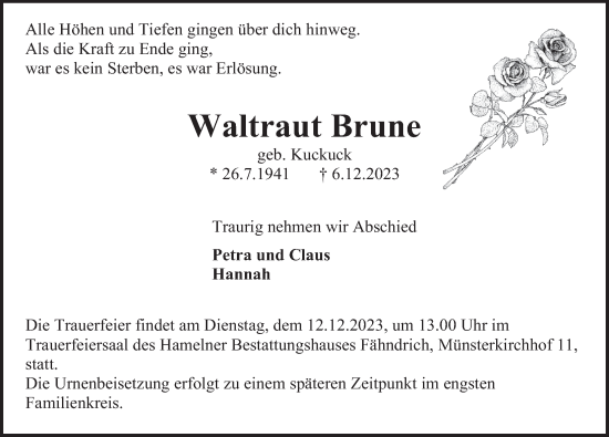 Traueranzeige von Waltraut Brune von Deister- und Weserzeitung