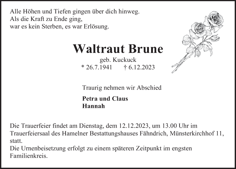  Traueranzeige für Waltraut Brune vom 09.12.2023 aus Deister- und Weserzeitung