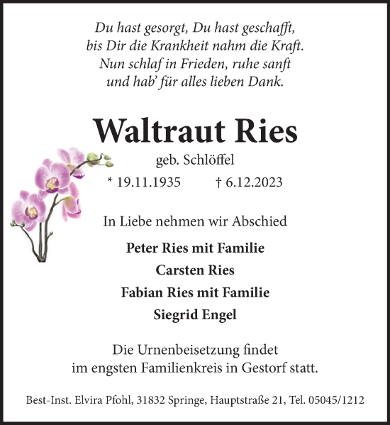 Traueranzeige von Waltraut Ries von Neue Deister-Zeitung