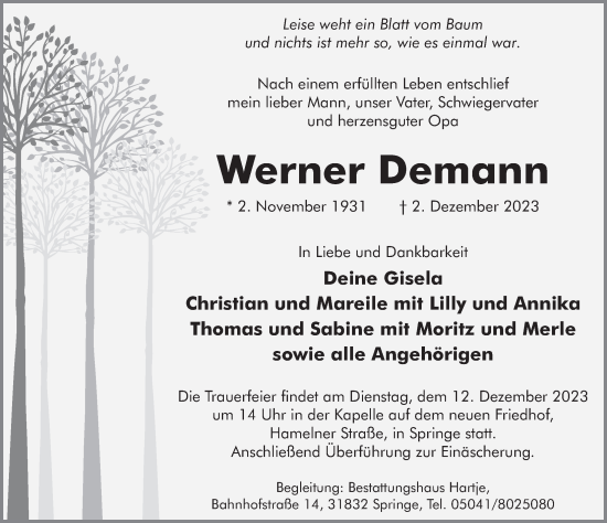 Traueranzeige von Werner Demann von Neue Deister-Zeitung