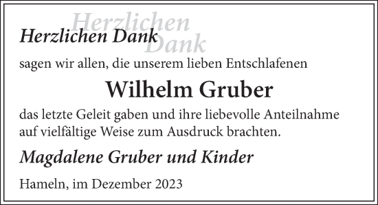 Traueranzeige von Wilhelm Gruber von Deister- und Weserzeitung