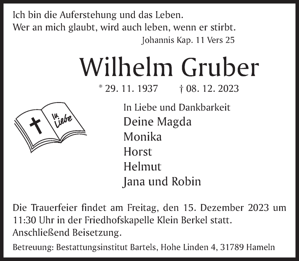  Traueranzeige für Wilhelm Gruber vom 13.12.2023 aus Deister- und Weserzeitung