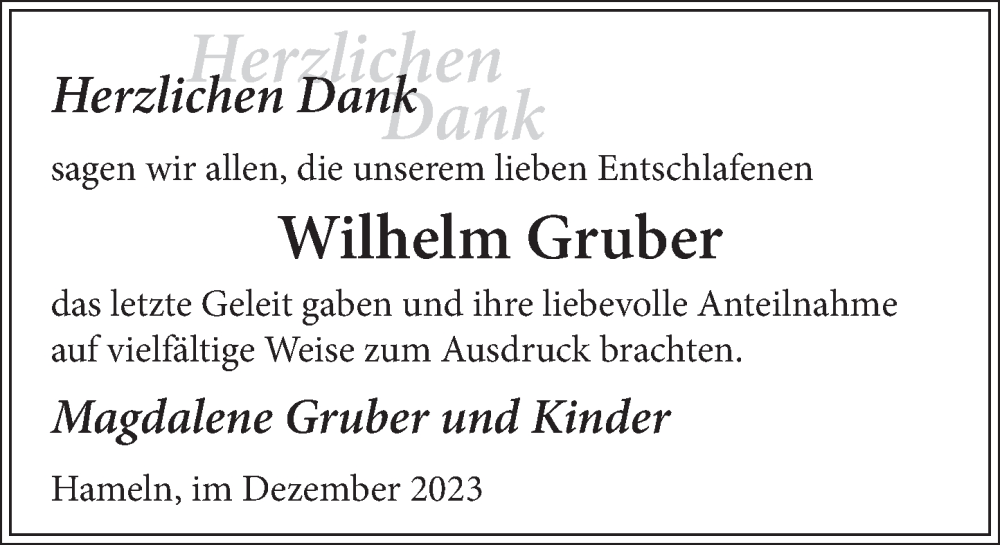  Traueranzeige für Wilhelm Gruber vom 29.12.2023 aus Deister- und Weserzeitung