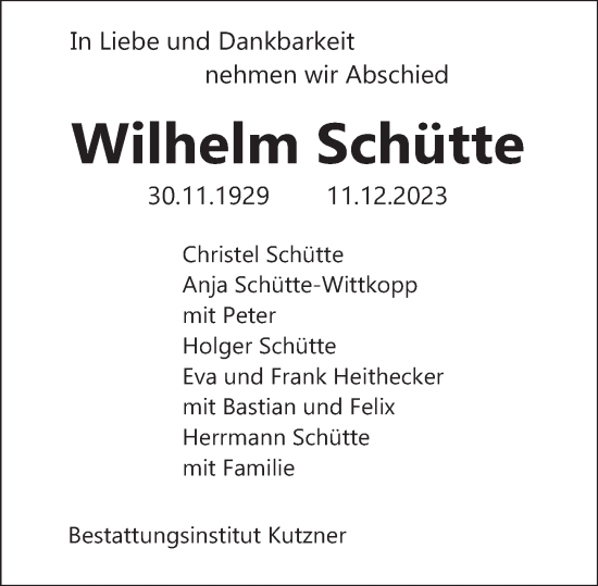 Traueranzeige von Wilhelm Schütte von Deister- und Weserzeitung